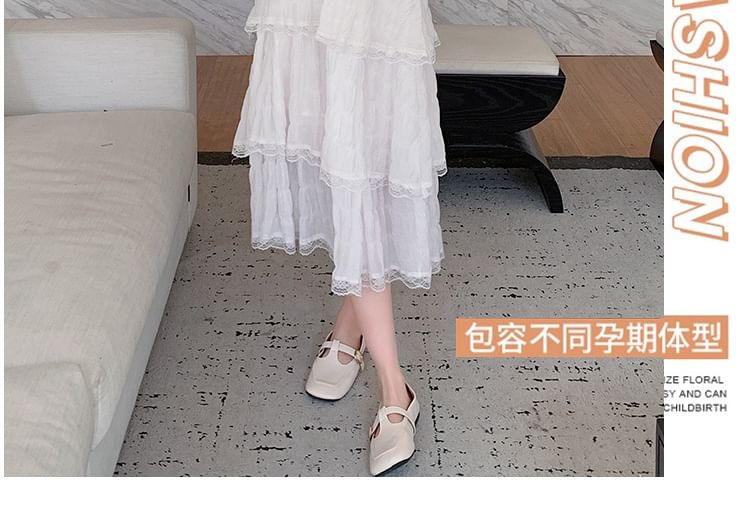 Maternity Thin Strap V-Neck Simple Lace Trim Tiered Midi A-Line Dress