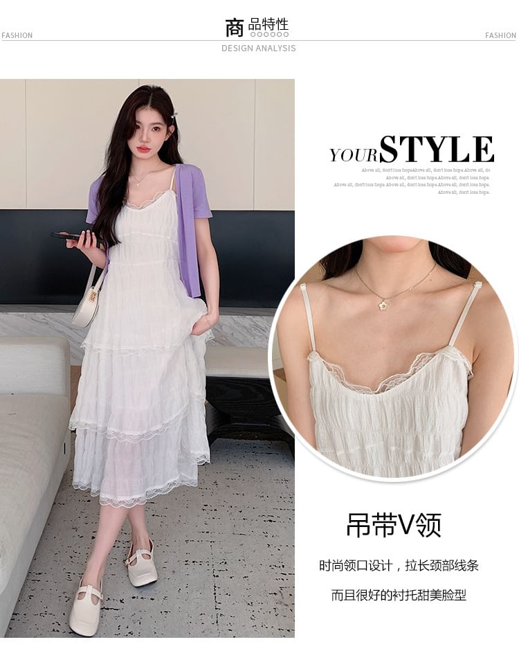 Maternity Thin Strap V-Neck Simple Lace Trim Tiered Midi A-Line Dress
