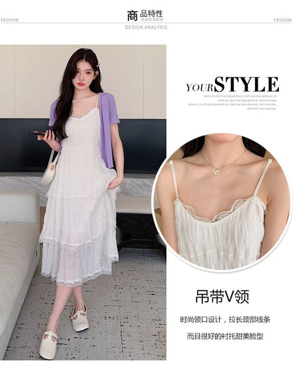 Maternity Thin Strap V-Neck Simple Lace Trim Tiered Midi A-Line Dress