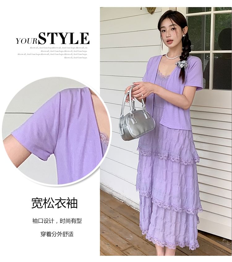Maternity Thin Strap V-Neck Simple Lace Trim Tiered Midi A-Line Dress