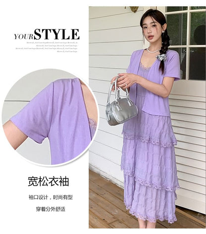 Maternity Thin Strap V-Neck Simple Lace Trim Tiered Midi A-Line Dress