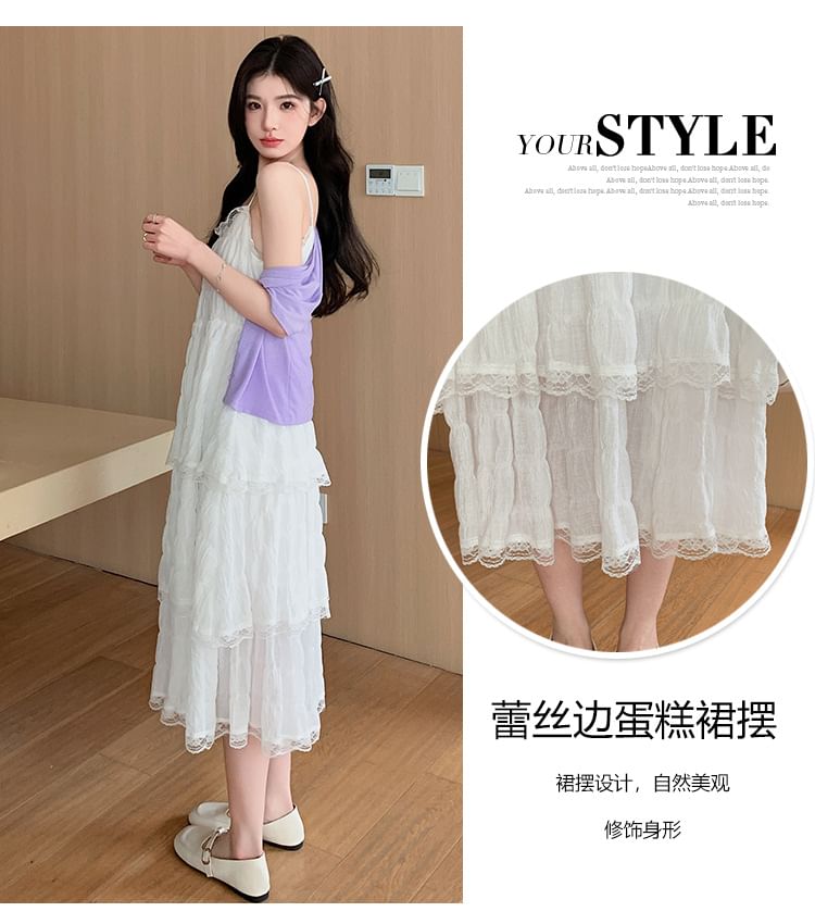 Maternity Thin Strap V-Neck Simple Lace Trim Tiered Midi A-Line Dress