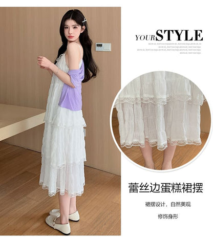 Maternity Thin Strap V-Neck Simple Lace Trim Tiered Midi A-Line Dress