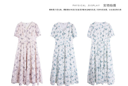 Puff-Sleeve V-Neck Butterfly Print Lace Trim Maxi A-Line Dress
