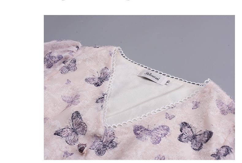 Puff-Sleeve V-Neck Butterfly Print Lace Trim Maxi A-Line Dress