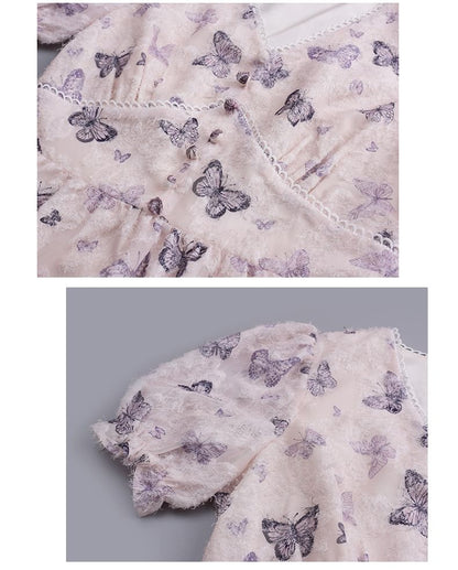 Puff-Sleeve V-Neck Butterfly Print Lace Trim Maxi A-Line Dress