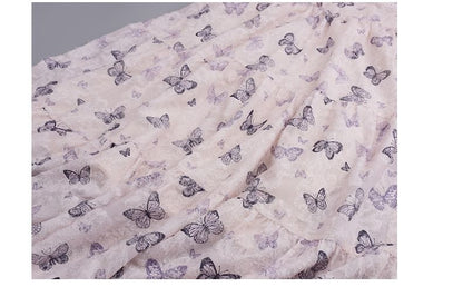 Puff-Sleeve V-Neck Butterfly Print Lace Trim Maxi A-Line Dress