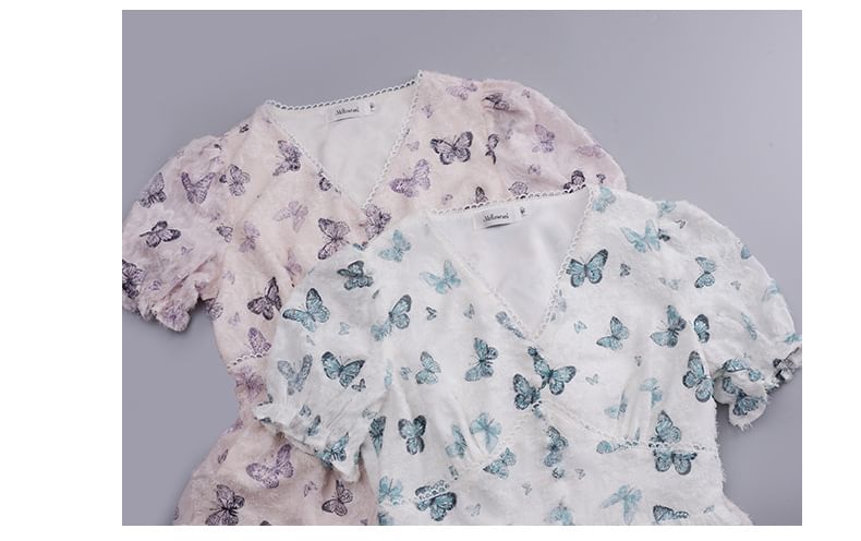 Puff-Sleeve V-Neck Butterfly Print Lace Trim Maxi A-Line Dress