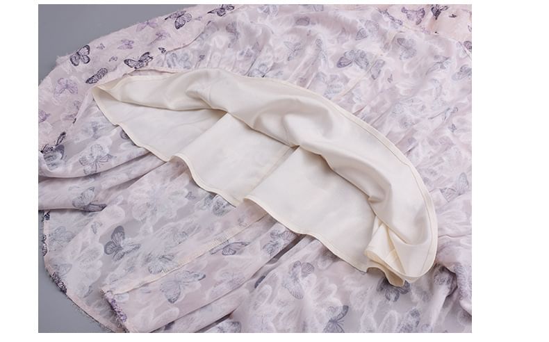 Puff-Sleeve V-Neck Butterfly Print Lace Trim Maxi A-Line Dress