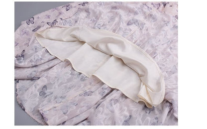 Puff-Sleeve V-Neck Butterfly Print Lace Trim Maxi A-Line Dress