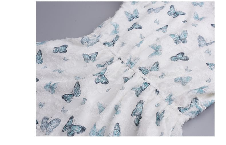 Puff-Sleeve V-Neck Butterfly Print Lace Trim Maxi A-Line Dress