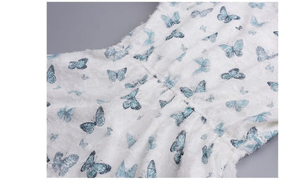 Puff-Sleeve V-Neck Butterfly Print Lace Trim Maxi A-Line Dress