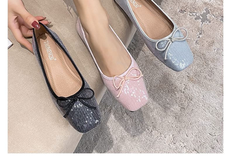 Square Toe Sequin Bow Accent Flats