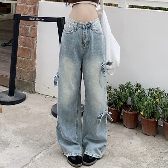 Mid Waist Bow Washed Wide Leg Jeans