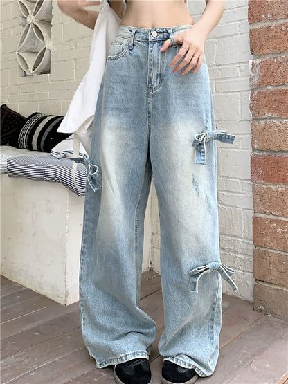 Mid Waist Bow Washed Wide Leg Jeans