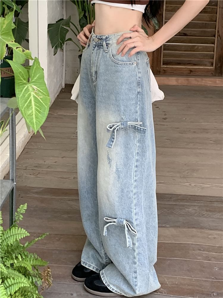 Mid Waist Bow Washed Wide Leg Jeans