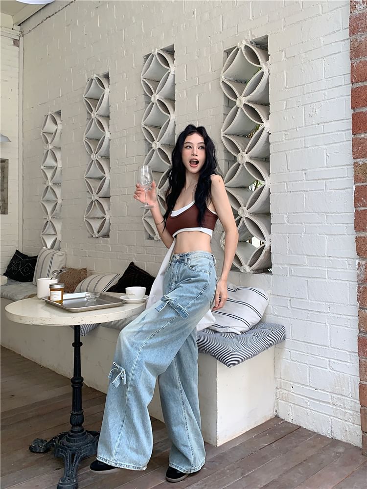 Mid Waist Bow Washed Wide Leg Jeans