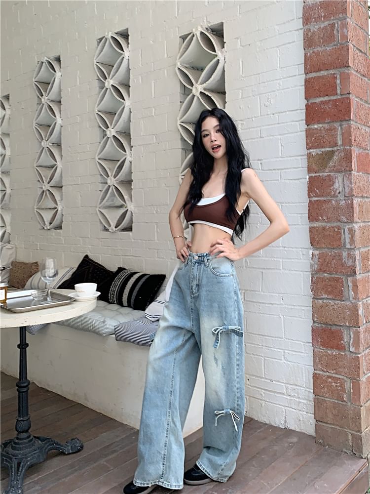 Mid Waist Bow Washed Wide Leg Jeans