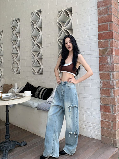 Mid Waist Bow Washed Wide Leg Jeans