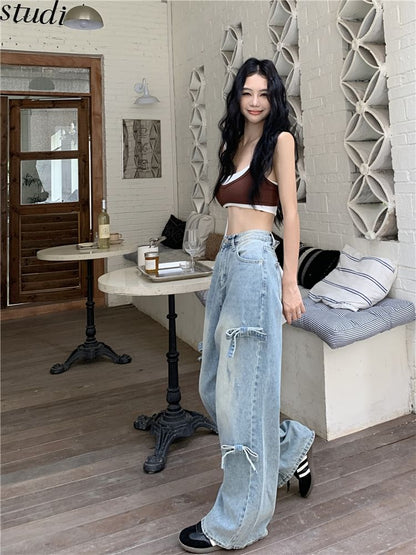 Mid Waist Bow Washed Wide Leg Jeans