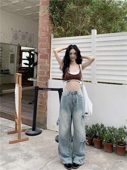 Mid Waist Bow Washed Wide Leg Jeans