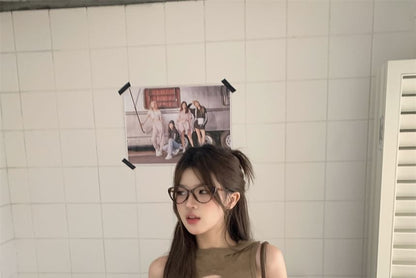 Sleeveless Round Neck Cutout Top / Mid Waist Faux Leather Mini Pencil Skirt