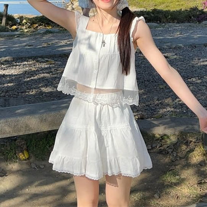 Lace Trim Cami Top / High Waist A-Line Skirt (Various Designs)