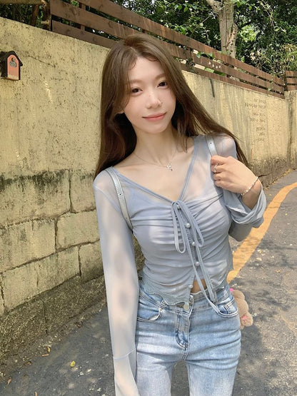 Long-Sleeve V-Neck Plain Sheer Top / Camisole Top