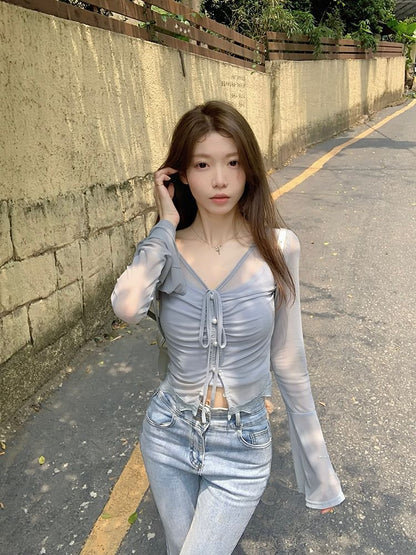 Long-Sleeve V-Neck Plain Sheer Top / Camisole Top