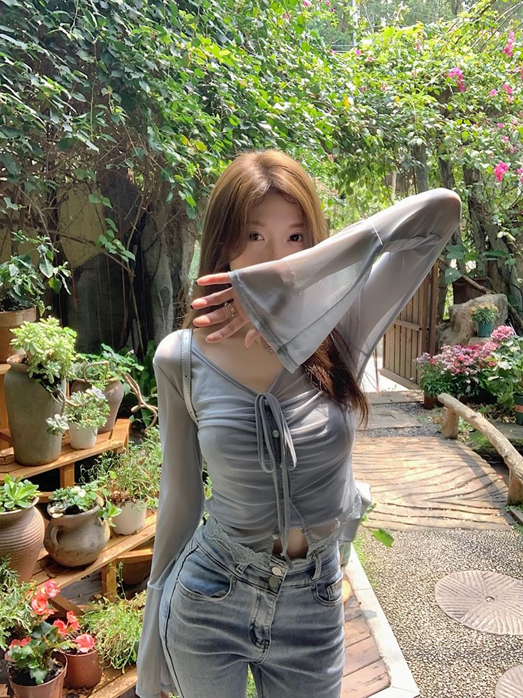 Long-Sleeve V-Neck Plain Sheer Top / Camisole Top