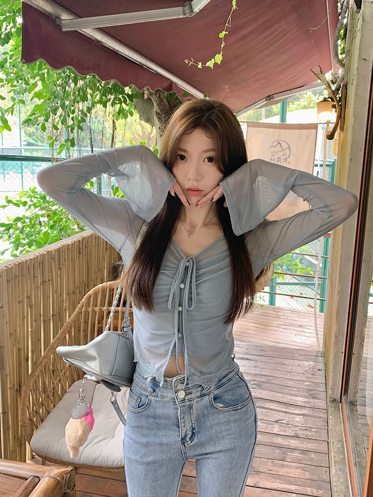 Long-Sleeve V-Neck Plain Sheer Top / Camisole Top