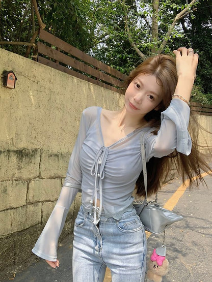 Long-Sleeve V-Neck Plain Sheer Top / Camisole Top