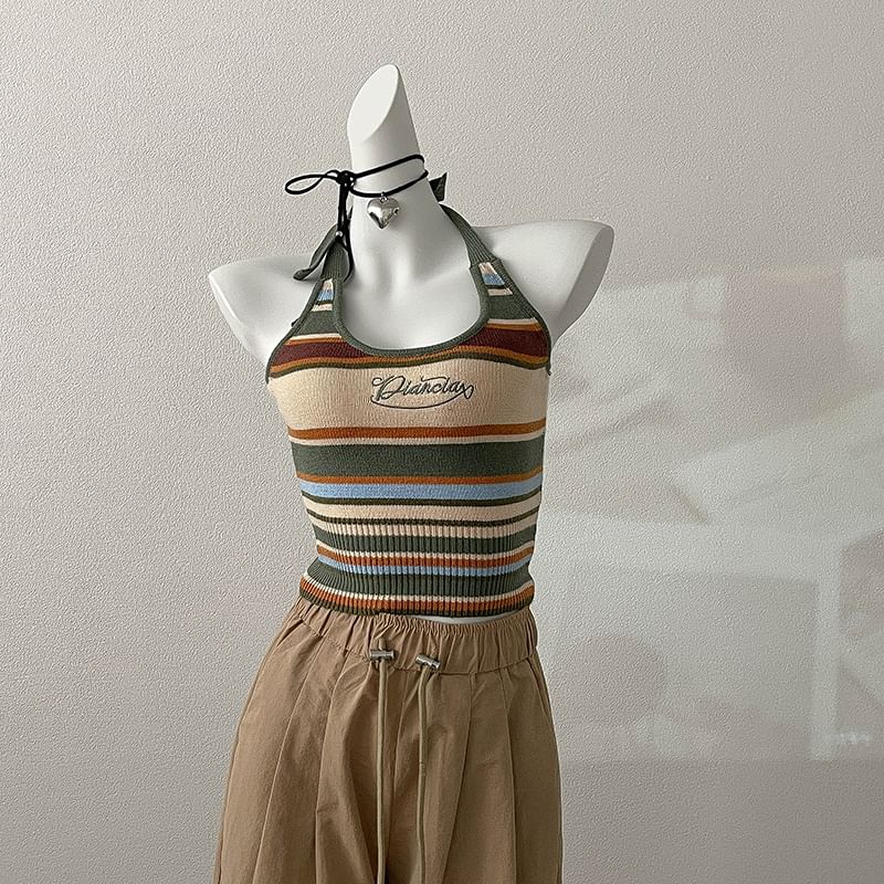 Striped Top Letter Halter Embroidered