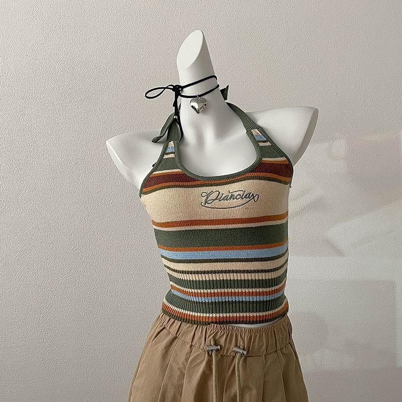 Striped Top Letter Halter Embroidered