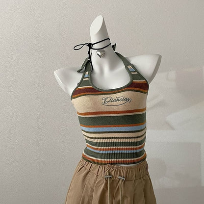 Striped Top Letter Halter Embroidered