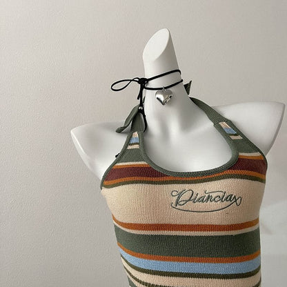 Striped Top Letter Halter Embroidered