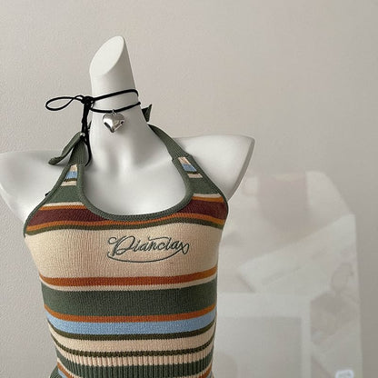 Striped Top Letter Halter Embroidered