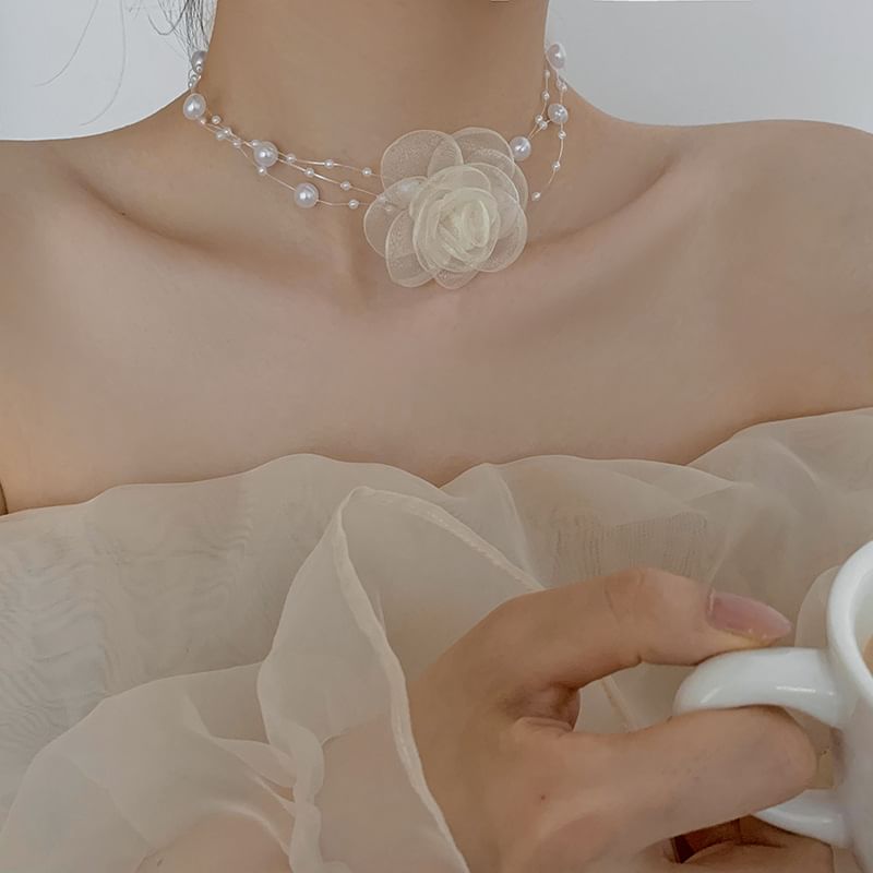 Faux Pearl / Floral Layered Choker