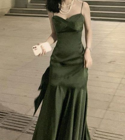 Bow Accent Spaghetti Strap Plain Maxi A-line Evening Gown