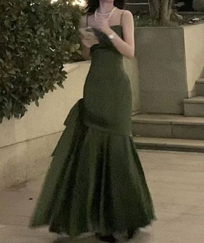 Bow Accent Spaghetti Strap Plain Maxi A-line Evening Gown