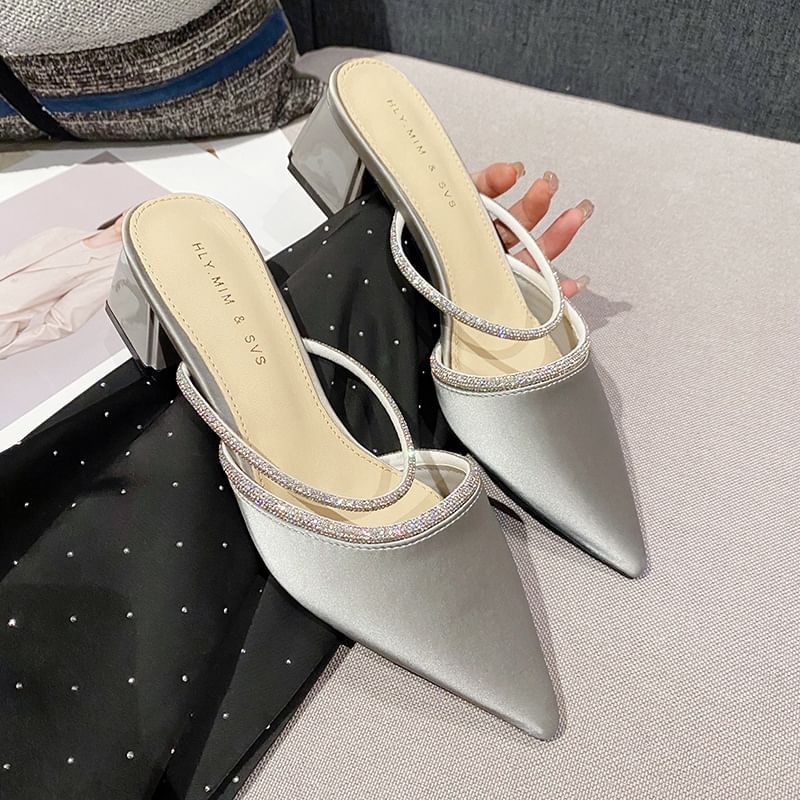 Pointed-Toe Chunky-Heel Slippers Rhinestone