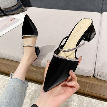 Pointed-Toe Chunky-Heel Slippers Rhinestone