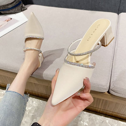 Pointed-Toe Chunky-Heel Slippers Rhinestone