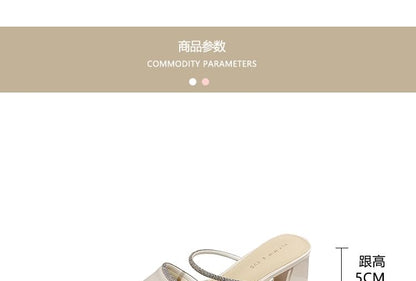 Pointed-Toe Chunky-Heel Slippers Rhinestone