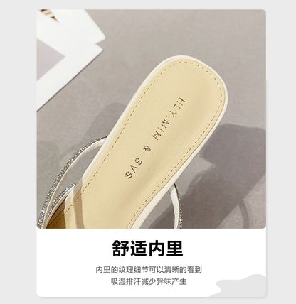 Pointed-Toe Chunky-Heel Slippers Rhinestone