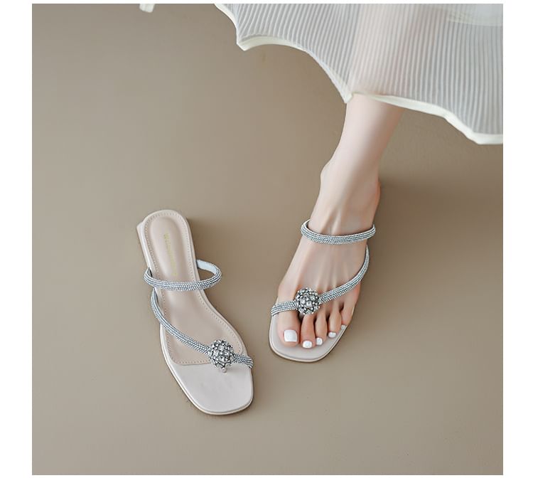 Rhinestone Toe Loop Chunky Heel Slide Sandals