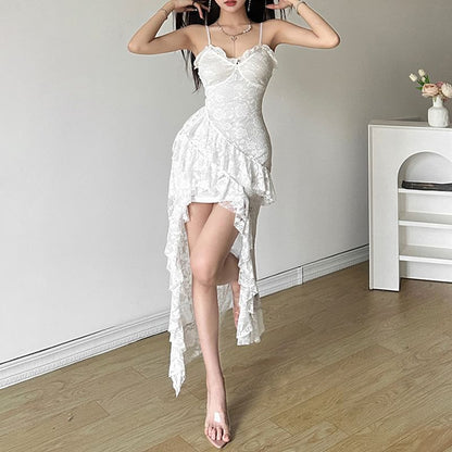 Spaghetti Strap V-Neck Plain Midi Lace Dress