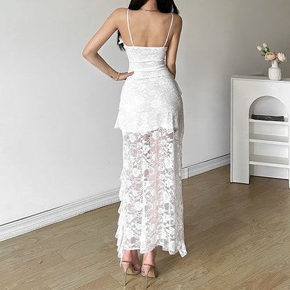 Spaghetti Strap V-Neck Plain Midi Lace Dress