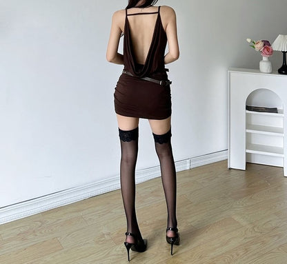 Spaghetti Strap Cowl Neck Plain Mini Sheath Dress