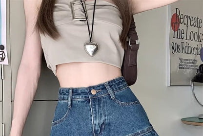 High Rise Washed Pleated Mini A-Line Denim Skirt